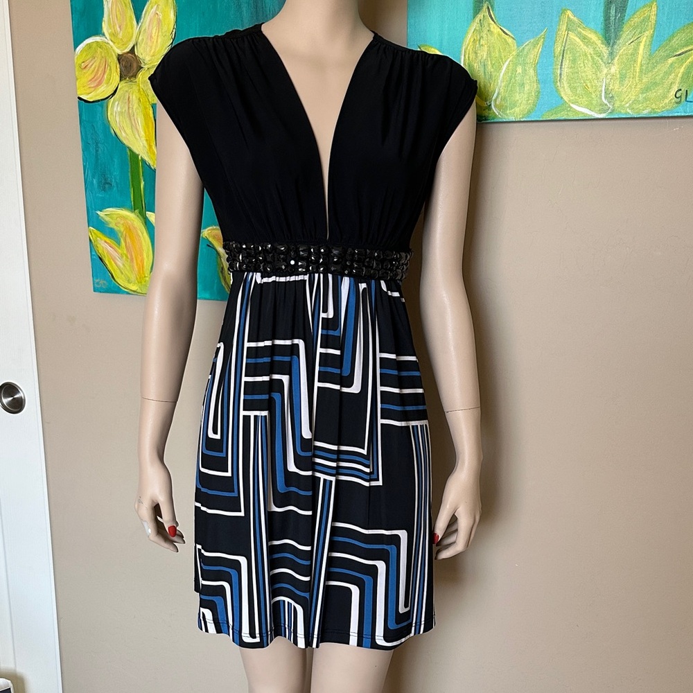 Black Patterned V-Neck Dress with Beaded Waist